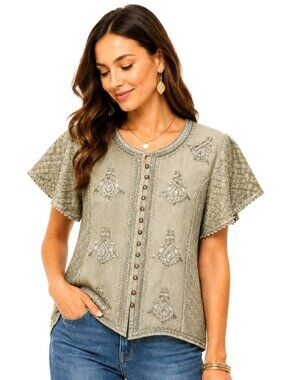 Sol & Mane Celery Green Embroidered Short Sleeve Top
